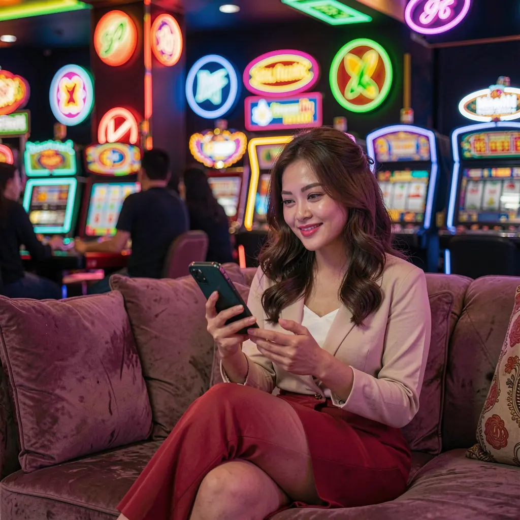 Elegant Filipino woman relaxing on a sofa while using the HPH777 casino app, surrounded by bright neon casino symbols in a modern gaming scene